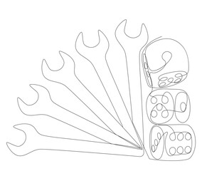 One continuous line of Wrench and dice. Thin Line Illustration vector concept. Contour Drawing Creative ideas.