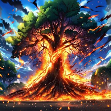 Anime-style Tree On Fire After Being Struck By Lightning