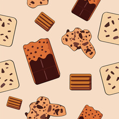 Chocolate biscuit and cracker pattern seamless vector on cream color background , chocolate pattern seamless wallpaper