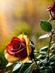 Flame-Like Beauty: Red and Yellow Rose with Water Droplets (Generative AI)