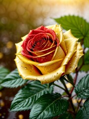 Rainy Serenade: Red Rose on Top of a Yellow Flower in a Wet Atmosphere (Generative AI)