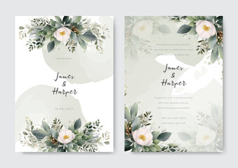 Beautiful green rustic floral wreath wedding invitation card template. Floral watercolor background