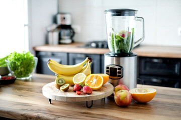 Blender with ingredients for smoothie and products on wooden table in kitchen