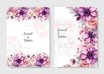 Abstract romantic wedding invitation template on a purple background vector banner poster template.