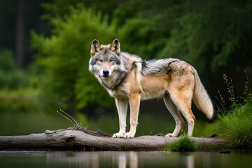 Naklejka na ściany i meble Gray wolf Lupus, moonlight's kin, forest guardian with eyes reflecting the wilderness, silent and majestic