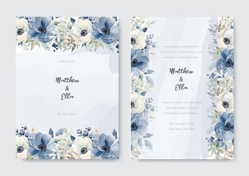 Bridal shower invitation with tropical leaves ornament watercolor background. Romantic blue wedding card invitation theme.