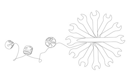 One continuous line of Wrench and dice. Thin Line Illustration vector concept. Contour Drawing Creative ideas.