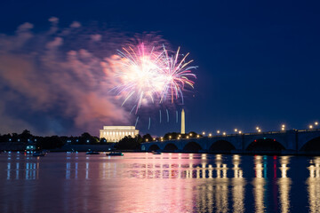 The D.C. monuments and the Arlington Memorial Bridge with the fireworks from the 4th of July Firework Show.