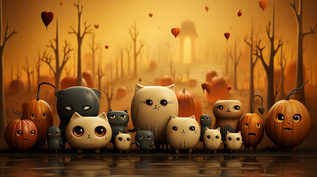 3d Illustration Of Cats And Pumpkins With Orange Lighting And Leafless Trees.
