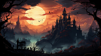 Halloween background of a castle on a hill against an orange sky