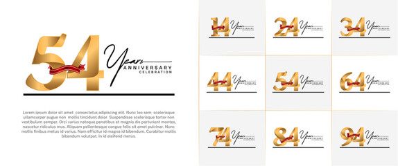 set of anniversary logo with gold number and red ribbon, handwriting text can be use for celebration