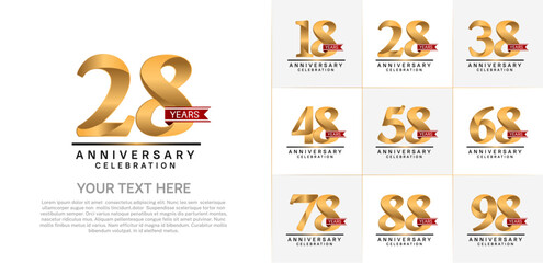 Fototapeta premium set of anniversary logo with golden number and red ribbon can be use for celebration