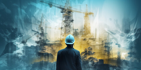 Future building construction engineering project devotion with double exposure graphic design. Building engineer, architect people or construction worker working with modern civil equipment technology