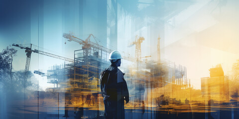 Future building construction engineering project devotion with double exposure graphic design. Building engineer, architect people or construction worker working with modern civil equipment technology