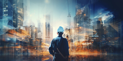 Future building construction engineering project devotion with double exposure graphic design. Building engineer, architect people or construction worker working with modern civil equipment technology