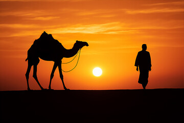 camels in the arabian desert in sunset, create using generative AI tools