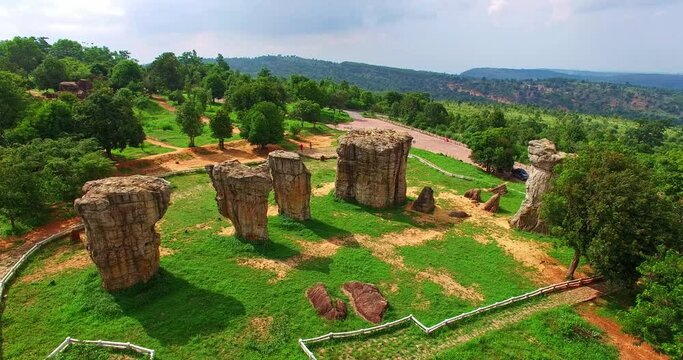 aerial view the stone sculpture on the high mountain Mor Hin Khao in Chaiyaphum province.
amazing stone standing in a line.
stone sculpture landmark in Chaiyaphum Thailand. stones background.