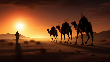 camels in the arabian desert in sunset, create using generative AI tools - obrazy, fototapety, plakaty