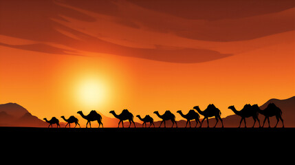 camels in the arabian desert in sunset, create using generative AI tools - obrazy, fototapety, plakaty