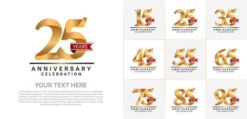 set of anniversary logo with golden number and red ribbon can be use for celebration