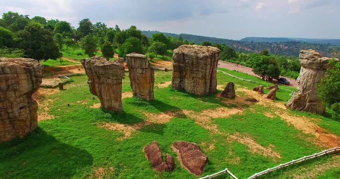 .aerial view the stone sculpture on the high mountain Mor Hin Khao in Chaiyaphum province..amazing stone standing in a line..stone sculpture landmark in Chaiyaphum Thailand. stones background.