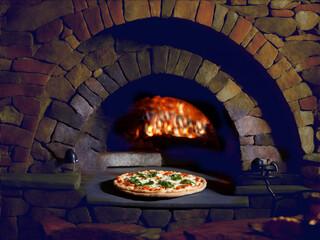Stone pizza oven and pizza close up - ai generative