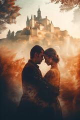 Portrait of a beautiful couple in love. Double exposure of a man and woman couple and a castle. Vertical Generative AI illustration. Love story. - obrazy, fototapety, plakaty