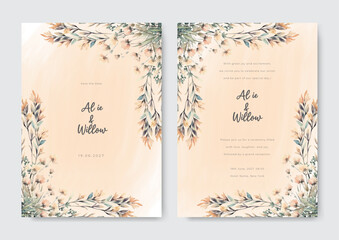 Nude hand painting of tropical leaves arrangement on wedding invitation background