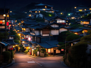 Fototapeta na wymiar Night view of an Asian neighborhood, with neon lights, ai generative.