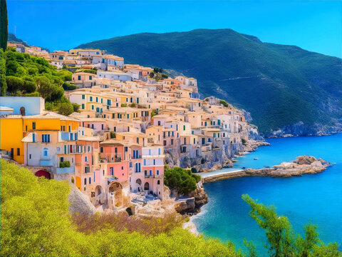 Panoramic of a small and colorful Mediterranean coastal village between the sea and the mountains AI generative
