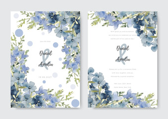 Elegant watercolor blue floral background border and wreath card design.
