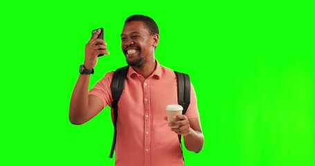 Phone, green screen and black man excited with news, notification or announcement of winning, deal or promotion. Happy, celebration and winner of surprise, bonus or awards on studio background