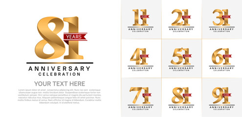 set of anniversary logo with golden number and red ribbon can be use for celebration