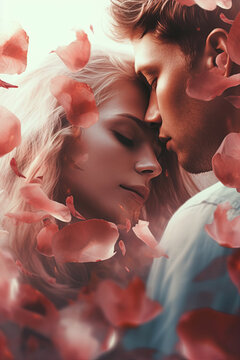 Gentle embrace of a man and woman in love. Multiple exposure with rose petals. Love novel cover template. Love novel cover template. Generative AI vertical illustration.