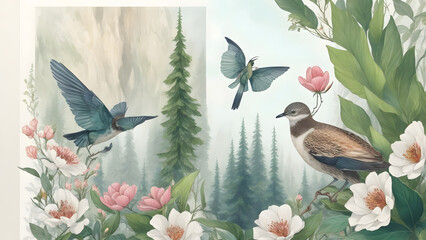 background with birds & Flowers
