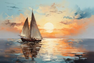 Fototapeta na wymiar oil painting on canvas of a sailboat at sunset on the sea