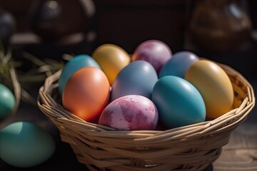 Fototapeta na wymiar Colorful Easter eggs in a basket on a wooden table, close up AI Generated