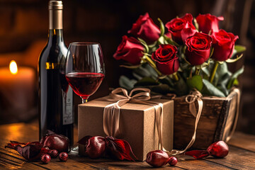 gifts for valentine with wine and roses, AI Generative - obrazy, fototapety, plakaty