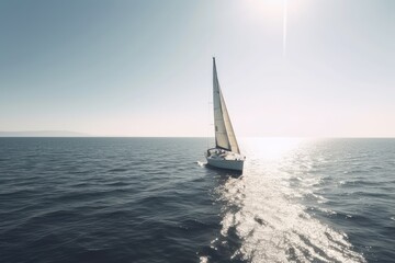 Naklejka na ściany i meble Sailing yacht in the sea. 3D render. Sunset. A small yacht gracefully sailing on the tranquil waters of a beautiful ocean on a sunny day, AI Generated