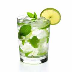 Illustration, AI generation. Mojito with ice on a white background. glass of drink with lime and peppermint leaves.