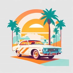 old car with beach background on flat illustration image, generative Ai art
