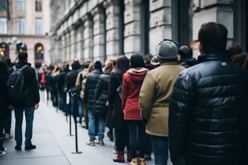 Naklejka na ściany i meble Large group of people waiting in line - Generative AI