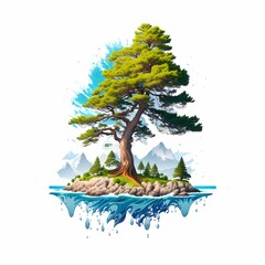 Bonsai tree on the island in the ocean. Generative Ai art illustration