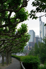 10.05.2022 Frankfurt, Germany. Skyline of Frankfurt. Street view from Untermainbrücke towards the financial district, city center with skyscrapers. Frankfurt streets and alleys