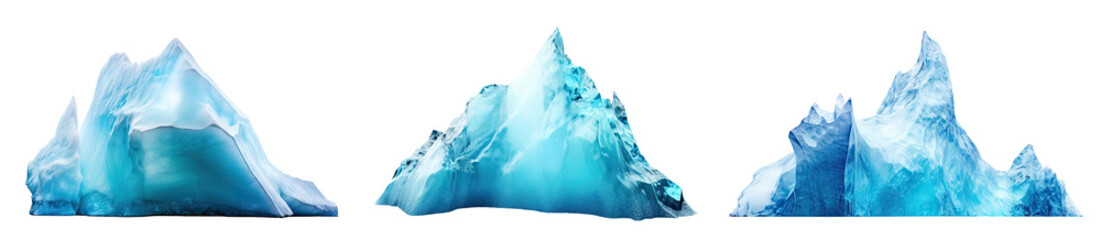 Set of three icebergs isolated on transparent background, Generative AI