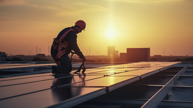 Silhouette photo of technician installing or inspecting solar panel electrical energy generator on industrial factory rooftop. Sustainable energy clean electric power concept. Made with generative AI.