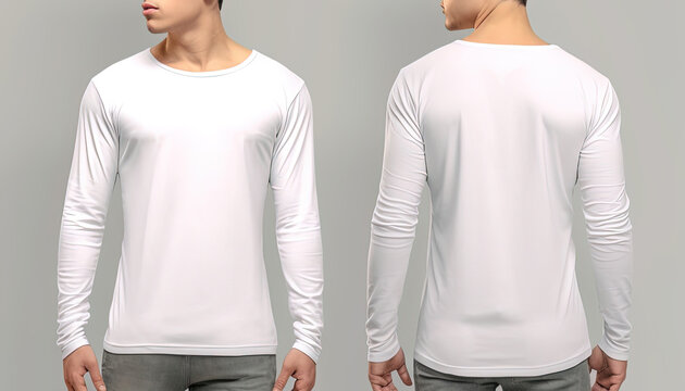 Man Wearing A White T-shirt With Long Sleeves. Front And Back View