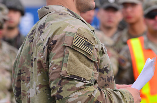 United States of America flag attached to the American army military uniform.