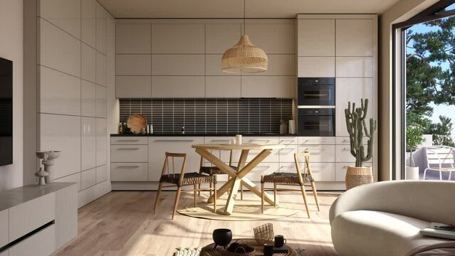 Modern Kitchen Interior and Living Room Interior With Beige Cabinets, Wood Dining Table, Chairs And Cactus Plant