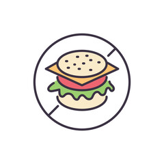 No Fast Food related vector line icon. Prohibition sign, burger, hamburger, cheeseburger. burger, hamburger, cheeseburgerIsolated on white background. Vector illustration. Editable stroke